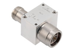 PE1623 - 10 MHz to 2.5 GHz N Broadband Bias Tee, Male Output, Rated to 2.5 Amps and 100 Volts,  DC SMA connector