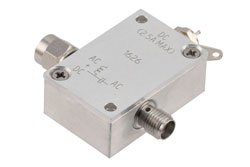 PE1626 - 10 MHz to 2.5 GHz SMA Broadband Bias Tee, Male Input, Rated to 2.5 Amps and 100 Volts, DC  Pin