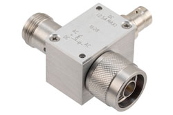 PE1628 - 10 MHz to 6 GHz N Broadband Bias Tee, Male Output, Rated to 2.5 Amps and 100 Volts, DC BNC Connector