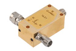 PE1631 - 50 KHz to 12.4 GHz SMA Broadband Bias Tee, Male Input, Rated to 750 mA and 25 Volts, DC SMA Connector