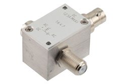 PE1647 - 10 MHz to 3 GHz, Type F 75 Ohm Bias Tee, Rated 2.5 Amps and 100 Volts, DC BNC Connector