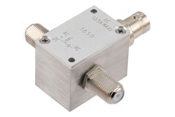 PE1650 - 10 MHz to 3 GHz, Type F 75 Ohm Bias Tee, Rated 2.5 Amps and 100 Volts, DC BNC Connector