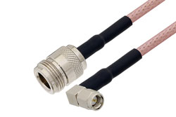 PE3386/HS - SMA Male Right Angle to N Female Cable Using RG142 Coax with HeatShrink