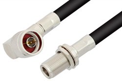 PE34216LF - N Male Right Angle to N Female Bulkhead Cable Using RG8 Coax, RoHS