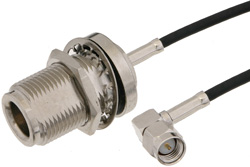PE34351 - SMA Male Right Angle to N Female Bulkhead Cable Using RG174 Coax