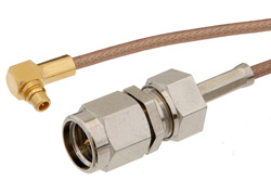 PE34777LF - SMA Male to MMCX Plug Right Angle Cable Using RG178 Coax , LF Solder