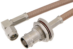 PE34957 - SMA Male Right Angle to BNC Female Bulkhead Cable Using RG400 Coax