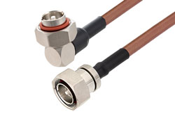 PE36657/HS - 7/16 DIN Male to 7/16 DIN Male Right Angle Cable Using RG393 Coax with HeatShrink