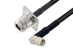 PE37463/HS - SMA Male Right Angle to N Female 4 Hole Flange Cable Using RG58 Coax with HeatShrink