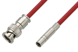 PE38040/RD - 75 Ohm Mini SMB Plug to 75 Ohm BNC Male Cable Using 75 Ohm PE-B159-RD Red Coax