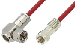 PE38137/RD - 75 Ohm F Male to 75 Ohm F Male Right Angle Cable Using 75 Ohm PE-B159-RD Red Coax