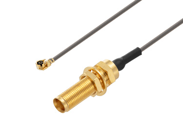 PE38298 - UMCX Plug Right Angle to MCX Jack Bulkhead Cable Using 1.13mm Coax