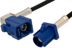 PE38749C - Blue FAKRA Plug to FAKRA Jack Right Angle Cable Using PE-C100-LSZH Coax