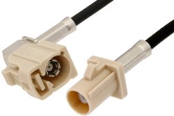 PE38749I - Beige FAKRA Plug to FAKRA Jack Right Angle Cable Using PE-C100-LSZH Coax