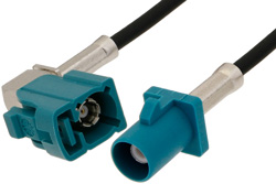 PE38749Z - Water Blue FAKRA Plug to FAKRA Jack Right Angle Cable Using PE-C100-LSZH Coax
