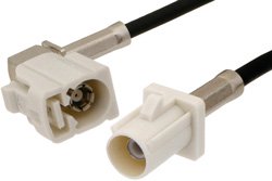 PE38753B - White FAKRA Plug to FAKRA Jack Right Angle Cable Using RG174 Coax