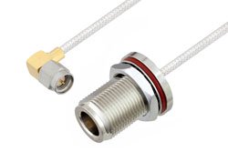 PE39448LF - SMA Male Right Angle to N Female Bulkhead Cable Using PE-SR405FL Coax , LF Solder