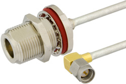 PE39456 - SMA Male Right Angle to N Female Bulkhead Semi-Flexible Precision Cable Using PE-SR402FL Coax, LF Solder, RoHS