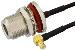 N Female Bulkhead to MCX Plug Right Angle Precision Cable Using PE-SR405FLJ Coax, RoHS