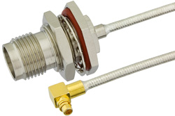TNC Female Bulkhead to MMCX Plug Right Angle Precision Cable Using PE-SR405FL Coax, RoHS