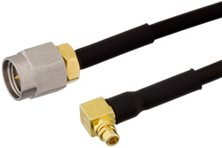 PE39564 - SMA Male to MMCX Plug Right Angle Semi-Flexible Cable Using PE-SR405FLJ Coax with HeatShrink, RoHS