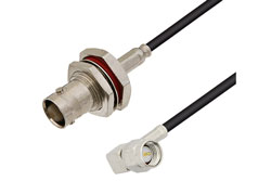 PE3972LF - SMA Male Right Angle to BNC Female Bulkhead Cable Using RG174 Coax , LF Solder