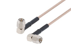 PE3987/HS/PH180 - SMA Male Right Angle to SMA Male Right Angle Cable Using RG316-DS Coax with HeatShrink and 180 Deg. Clock