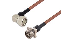 PE39985/HS - 7/16 DIN Male Right Angle to 7/16 DIN Female 4 Hole Flange Cable Using RG393 Coax with HeatShrink