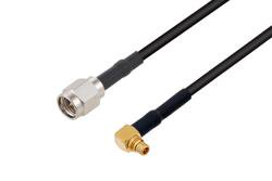 PE3C0304LF/HS - SMA Male to MMCX Plug Right Angle Low Loss Cable Using LMR-100 Coax with HeatShrink, LF Solder