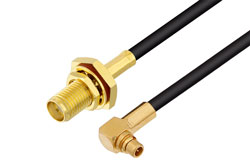 PE3C0753LF - SMA Female Bulkhead to MMCX Plug Right Angle Low Loss Cable Using LMR-100 Coax , LF Solder