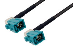 PE3C1966/HS - Water Blue FAKRA Jack Right Angle to FAKRA Jack Right Angle Cable Using RG174 Coax with HeatShrink