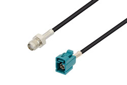 PE3C3045 - SMA Female to Water Blue FAKRA Jack Low Loss Cable Using LMR-100 Coax