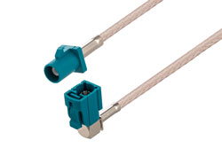 PE3C6995 - Water Blue FAKRA Plug to FAKRA Jack Right Angle Cable Using RG316-DS Coax