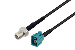 PE3C8150/HS - Water Blue FAKRA Jack to Reverse Polarity SMA Jack Low Loss Cable Using LMR-100 Coax with HeatShrink