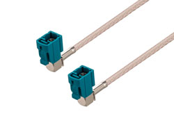 PE3C8369 - Water Blue FAKRA Jack Right Angle to FAKRA Jack Right Angle Cable Using RG316-DS Coax