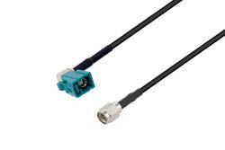 PE3C9520/HS - Water Blue FAKRA Jack Right Angle to SMA Male Low Loss Cable Using LMR-100 Coax with HeatShrink