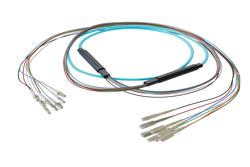 PE3FCA338 - 8-Fiber LC UPC to SC UPC, OM3 Multimode Distribution Cable, 5.6mm Riser, 2.0mm breakout, Aqua