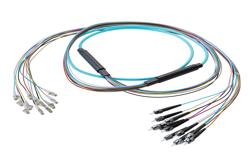 PE3FCA412 - 12-Fiber LC UPC to ST UPC, OM3 Multimode Distribution Cable, 6.2mm Plenum, 2.0mm breakout, Aqua