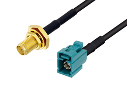 PE3W04917/HS - SMA Female Bulkhead to Water Blue FAKRA Jack Cable Using PE-C100-LSZH Coax with HeatShrink