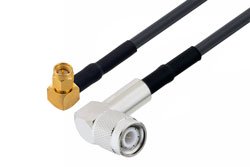 PE3W06125LF/HS - TNC Male Right Angle to SMA Male Right Angle Low Loss Cable Using LMR-200 Coax with HeatShrink, LF Solder