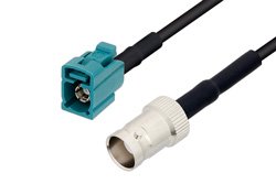 PE3W06958LF/HS - Water Blue FAKRA Jack to BNC Female Cable Using LMR-100 Coax with HeatShrink, LF Solder