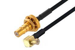 PE3W08037LF/HS - MCX Plug Right Angle to QMA Female Bulkhead Cable Using PE-SR405FLJ Coax with HeatShrink, LF Solder