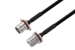 PE3W08482 - Fire Rated 4.1/9.5 Mini DIN Female Bulkhead to 4.3-10 Female 4 Hole Flange Low PIM Cable Using SPF-250 Coax