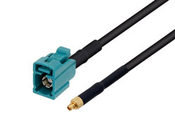 PE3W08716/HS - Water Blue FAKRA Jack to MMCX Plug Low Loss Cable Using LMR-100 Coax with HeatShrink