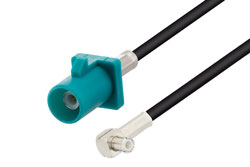 PE3W08775 - MCX Plug Right Angle to Water Blue FAKRA Plug Cable Using RG174 Coax