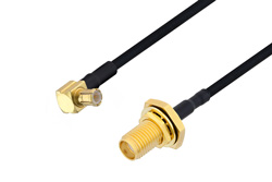 PE3W09085LF/HS - MCX Plug Right Angle to SMA Female Bulkhead Cable Using PE-SR405FLJ Coax , LF Solder