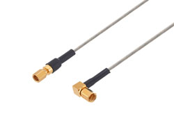 PE3W09200LF/HS - SSMC Plug to SSMC Plug Right Angle Cable Using PE-SR047FL Coax with HeatShrink, LF Solder