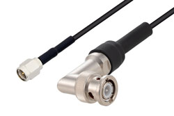 PE3W09567/HS - SMA Male to BNC Male Right Angle Cable Using RG174 Coax with HeatShrink
