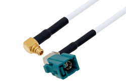 PE3W09938LF/HS - Water Blue FAKRA Jack Right Angle to MMCX Plug Right Angle Cable Using RG188 Coax with HeatShrink, LF Solder