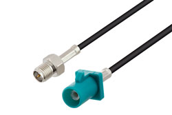 PE3W10870 - Water Blue FAKRA Plug to Reverse Polarity SMA Jack Cable Using RG174 Coax